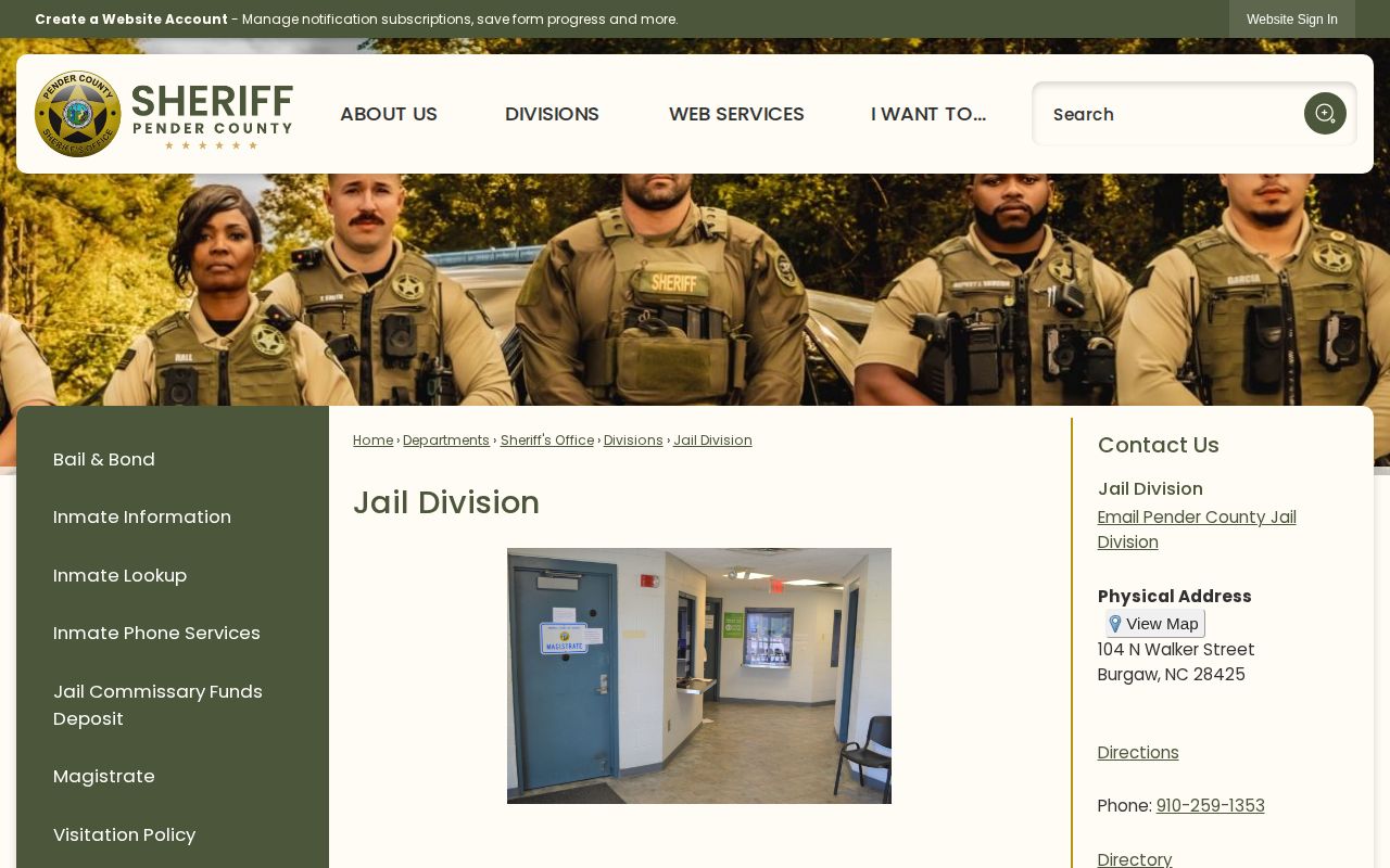 Official Pender Sheriff Jail Division page describing the county detention facility
