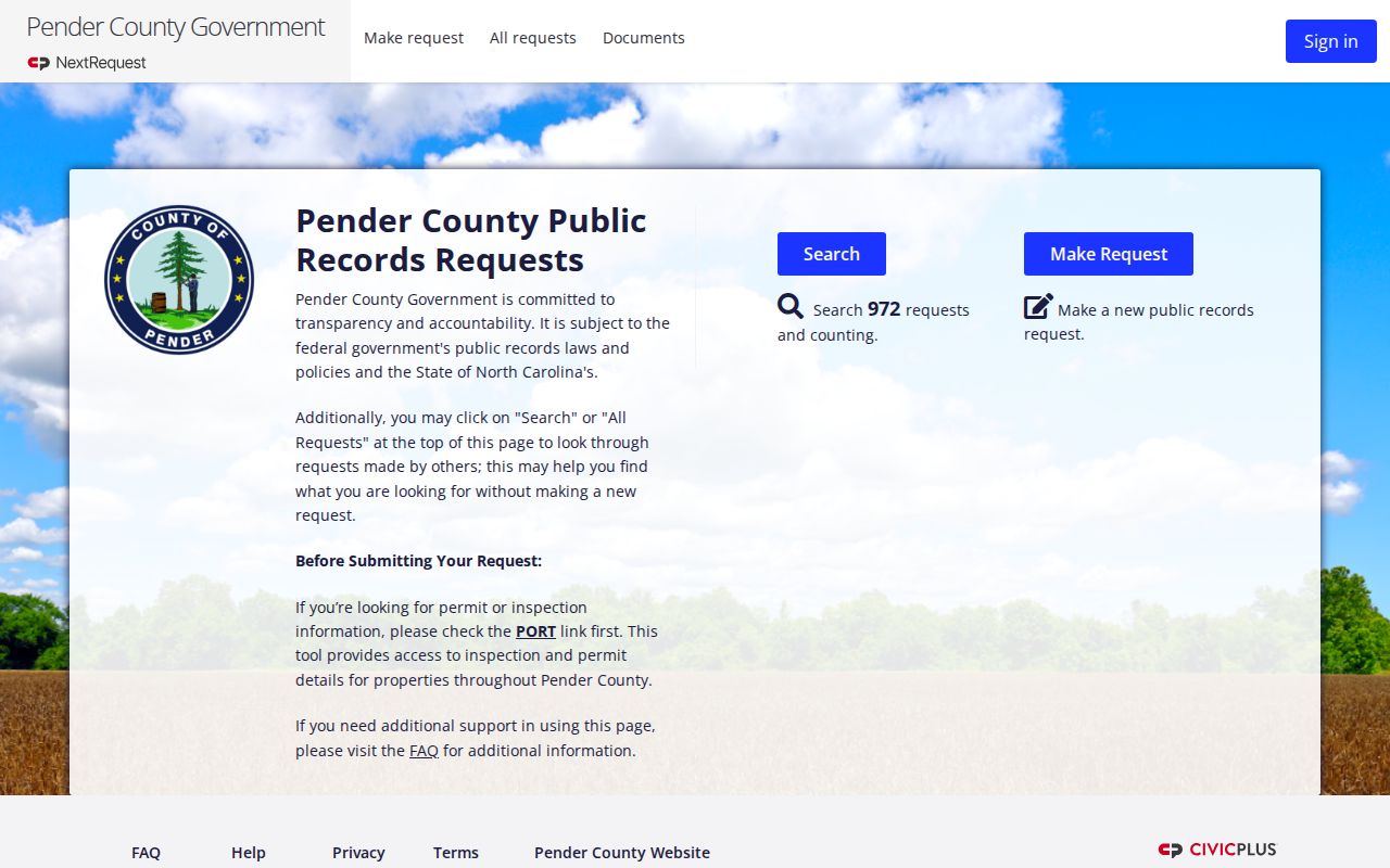 Pender County NextRequest public records request page