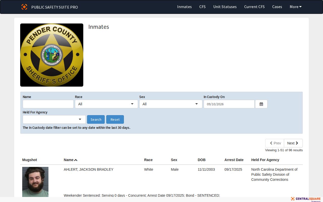 Pender Sheriff inmate lookup search controls for the county jail roster