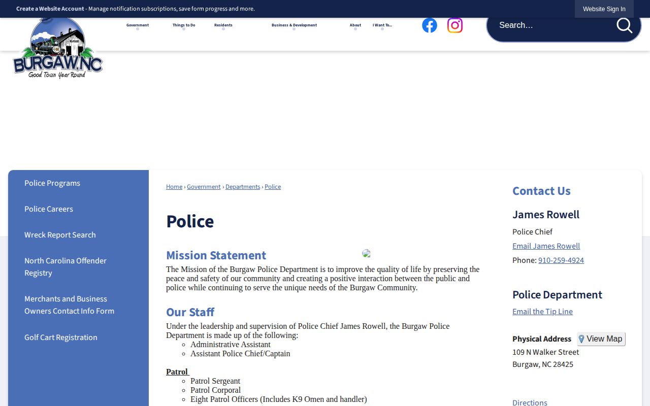 Burgaw Police Department official arrest records contact page in Pender County