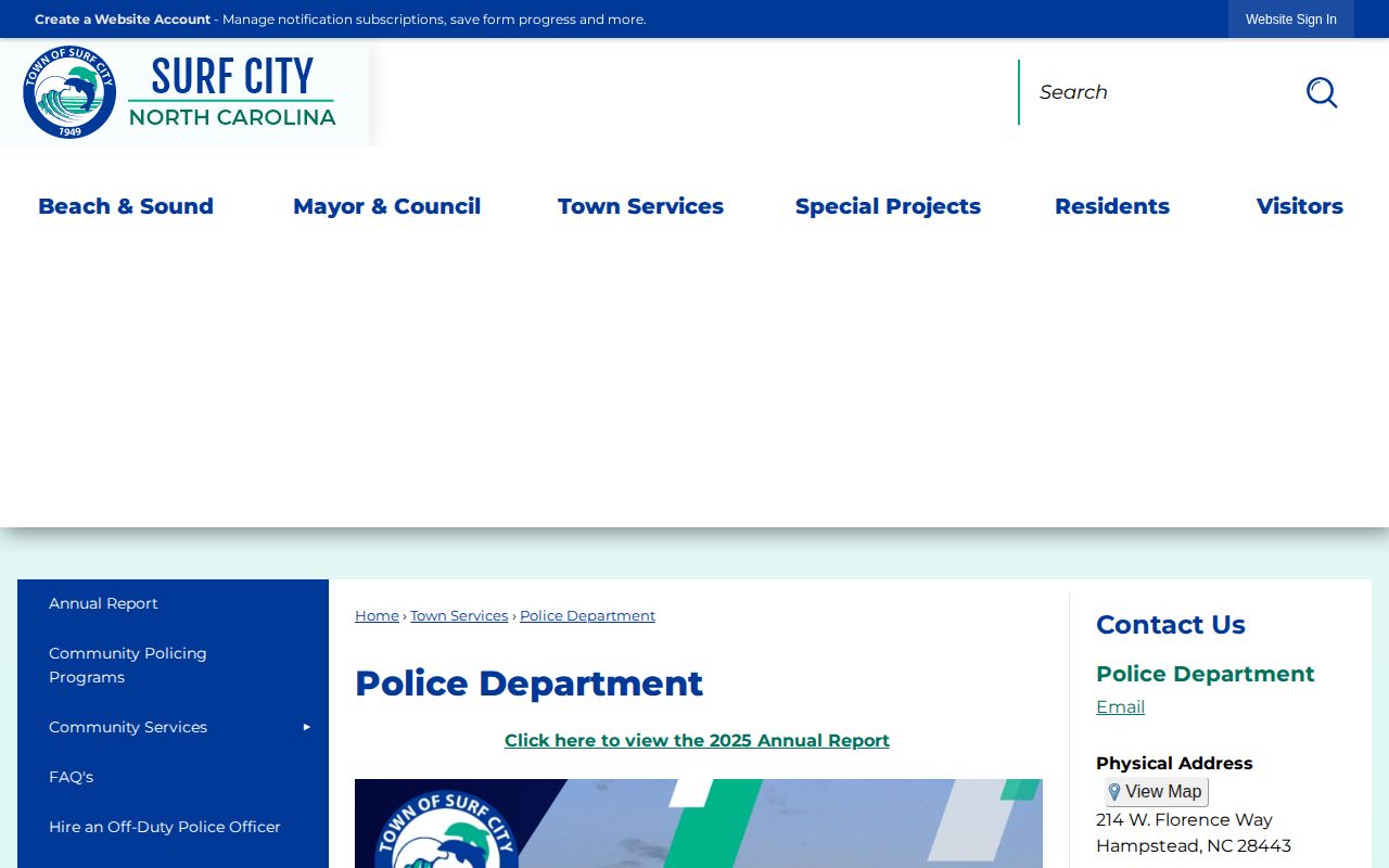 Surf City Police Department arrest records contact page in Pender County