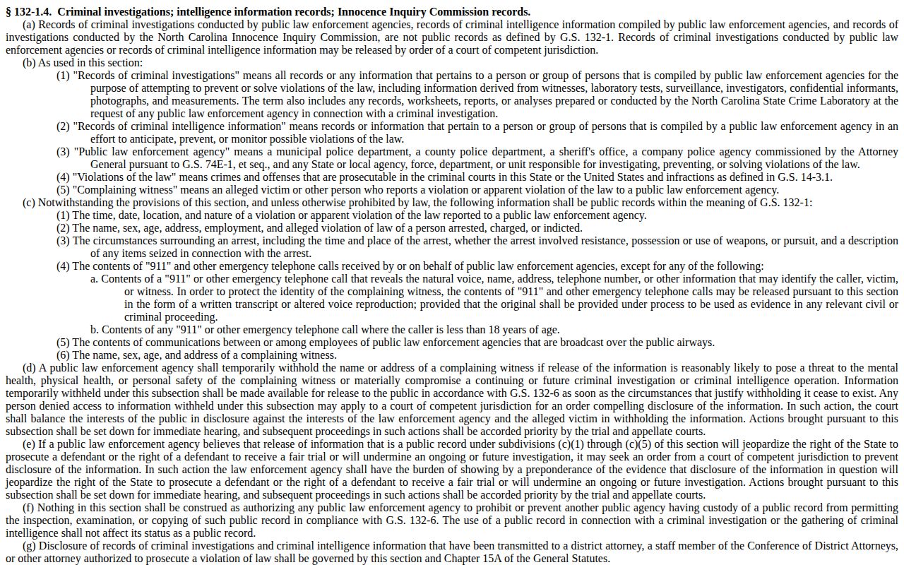 North Carolina General Statute 132-1.4 arrest information provisions